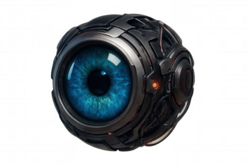 Robotic eye with blue iris, artificial intelligence concept, futuristic surveillance technology, isolated on transparent background