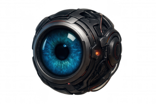 Robotic eye with blue iris, artificial intelligence concept, futuristic surveillance technology, isolated on transparent background