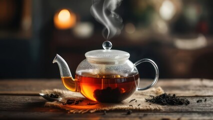 Glass tea pot with steaming hot tea on a wooden table