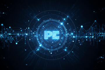 Glowing 'PE' letters at the center of a futuristic digital network interface with data points.