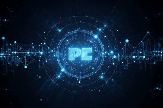 Glowing 'PE' letters at the center of a futuristic digital network interface with data points.