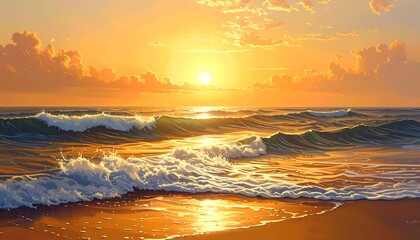 Golden sunset bathes gentle ocean waves on beach