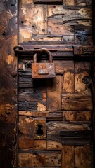 Weathered Wooden Door with Rusty Padlock A Study in Texture and Decay.