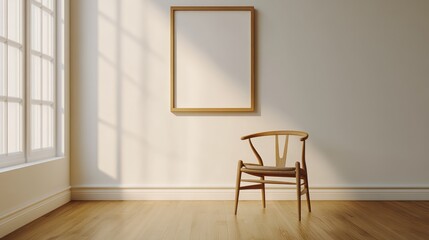 A minimalist interior scene showcasing a wooden chair and a blank frame, bathed in soft sunlight.