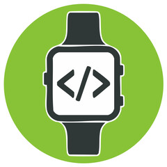 Smartwatch icon with programming code symbol inside a green circle.