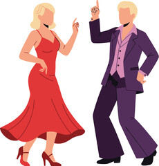 Joyful couple dancing in retro 70s disco style, celebrating together with vibrant energy