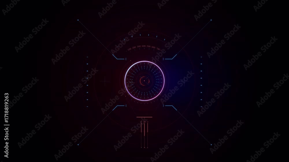 Poster futuristic digital interface with glowing circle and data streams.