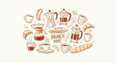 Delightful hand-drawn brunch icons featuring coffee, croissants, and bread perfect for cafe menus and food blogs
