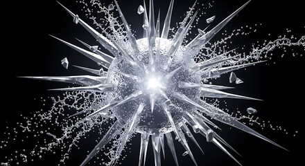 Obraz premium Stunning crystal explosion with dynamic water splashes and sharp ice shards shattering outwards against a dark background, creating a dramatic and abstract visual spectacle