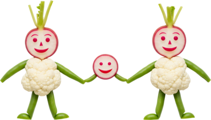 Two radish and cauliflower figures with a smaller radish figure between them all with smiling faces isolate