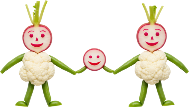 Two radish and cauliflower figures with a smaller radish figure between them all with smiling faces isolate