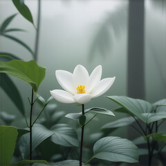 Obraz premium White Lotus Flower in Misty Jungle Setting with Green Leaves and Soft Backlight