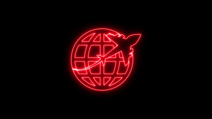 Airplane with globe neon travel icon, flight and aviation symbol, world tourism and global transportation animation on dark background