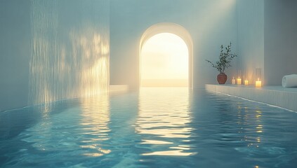 Fototapeta premium Serene Indoor Pool with Archway, Candles, and Plant, Reflecting Light