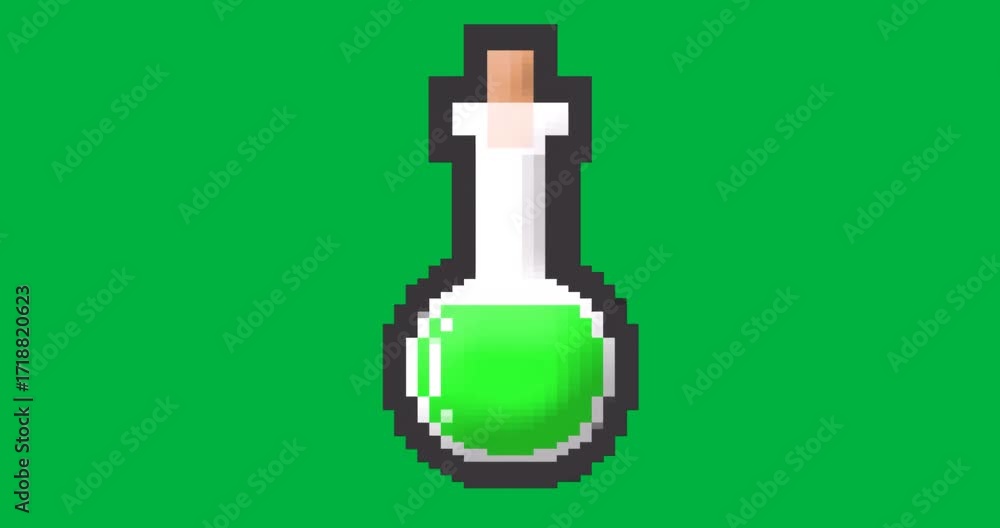 Poster pixel art flask floating on transparent background, showcasing bright green potion for game design