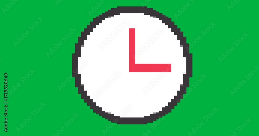 Poster pixel-style clock icon showing time for tech ui featuring red hand bars with transparent background