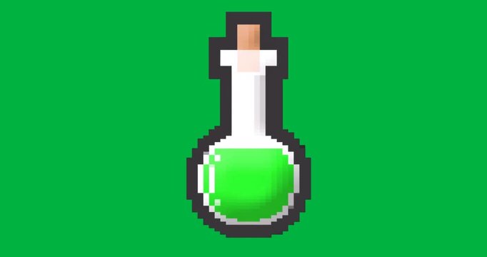 Pixel art flask floating on transparent background, showcasing bright green potion for game design