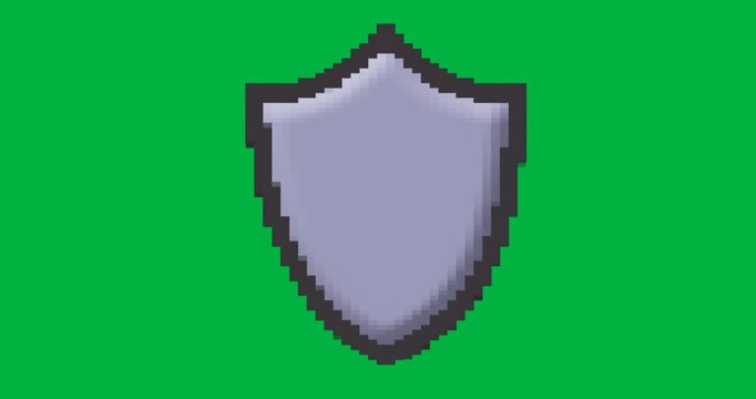 Designer placing pixelated shield icon on transparent canvas, with animated security grid overlay