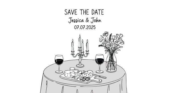 Elegant save the date design for Jessica & John's wedding on July 7, 2025, featuring a romantic table setting with wine, cheese, candles, and flowers. - Powered by Adobe