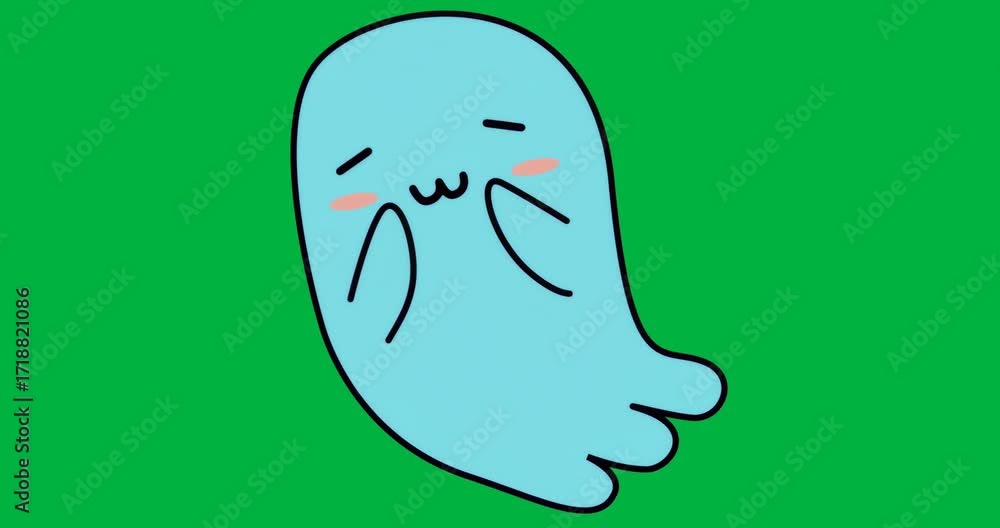 Poster designer using cartoon ghost on transparent background, showing blue blob with pink blush for tech