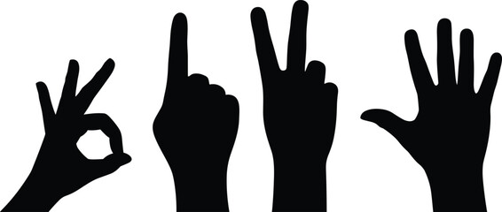 Hand gesture icons, black silhouette vector set, communication symbol clipart, counting signs graphics, finger pose illustrations, expressive design elements