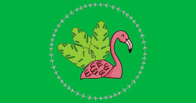 Graphic showcasing pink flamingo with tropical leaves on transparent background for marketing
