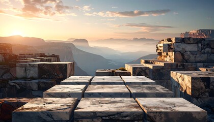Marble blocks on a mountaintop at sunset, overlooking a vast valley