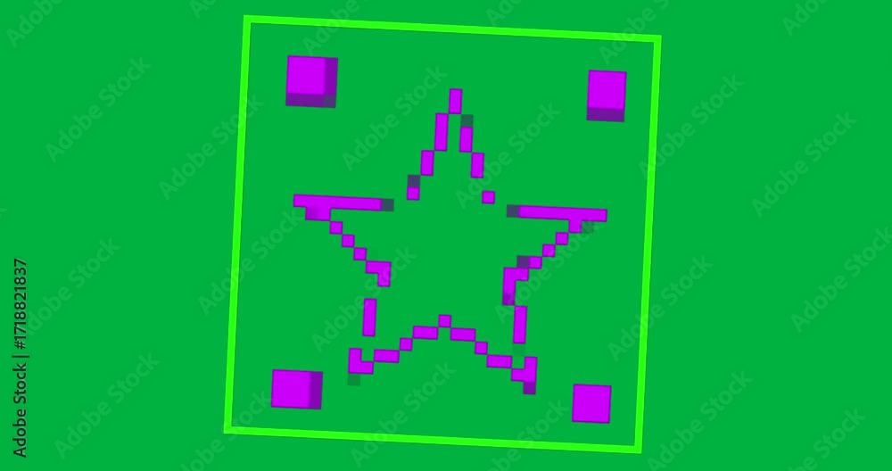 Poster Retro pixel star rotating on transparent canvas with magenta squares and neon border for design use