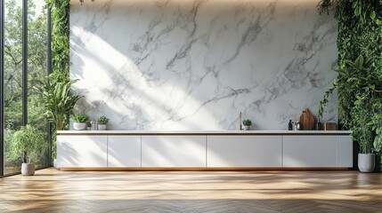Modern kitchen design featuring a marble wall, abundant greenery, and natural light.