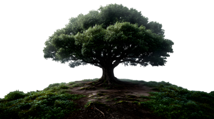 A towering oak tree in a foggy forest isolated on transparent background