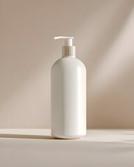 White Cosmetic Pump Bottle on Minimal Beige Background

