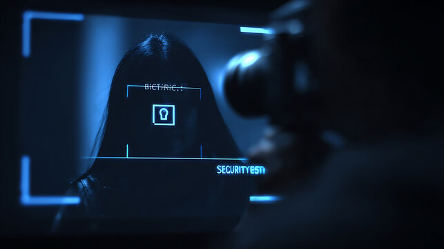 Biometric security system scanning a person's face in a dark environment with digital interface overlay