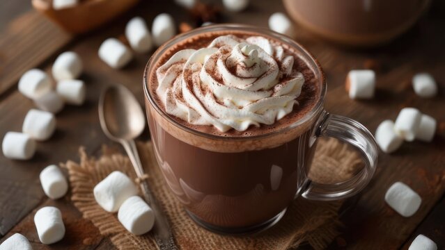 Hot chocolate with whipped cream and marshmallows