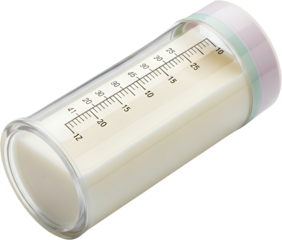 Transparent baby bottle filled with milk featuring volume markings on its clear cylinder isolate baby food transparent background