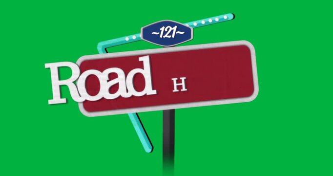 Graphic designer placing vintage neon road sign on transparent bg with animated teal bulbs pulsing