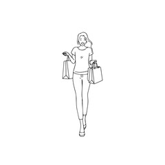 Black and white line art of a beautiful happy woman carrying shopping bags minimalist cheerful illustration