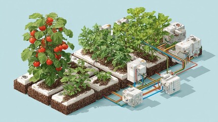 Illustration of smart hydroponic systems autonomously balancing nutrients, pH, and lighting with AI for future-ready, vertical urban agriculture with zero soil or pesticide usage.