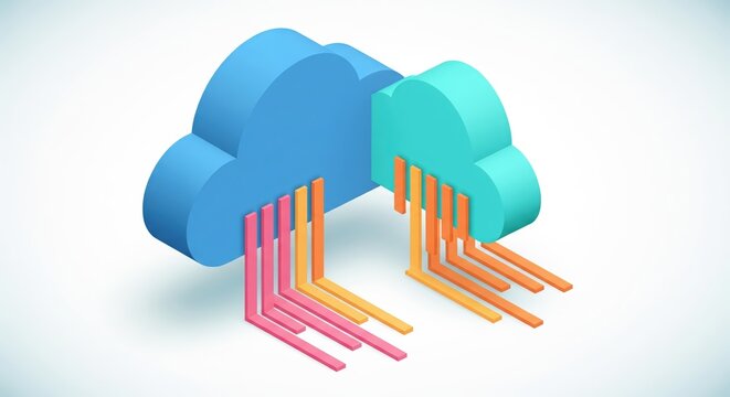 Flat vector illustration of cloud computing with geometric clouds, turquoise and blue tones, data flow in orange and pink stripes, isometric design with 3D accents