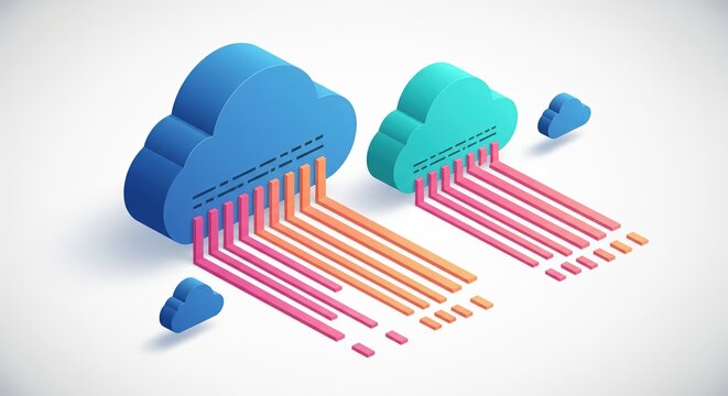 Flat vector illustration of cloud computing with geometric clouds, turquoise and blue tones, data flow in orange and pink stripes, isometric design with 3D accents