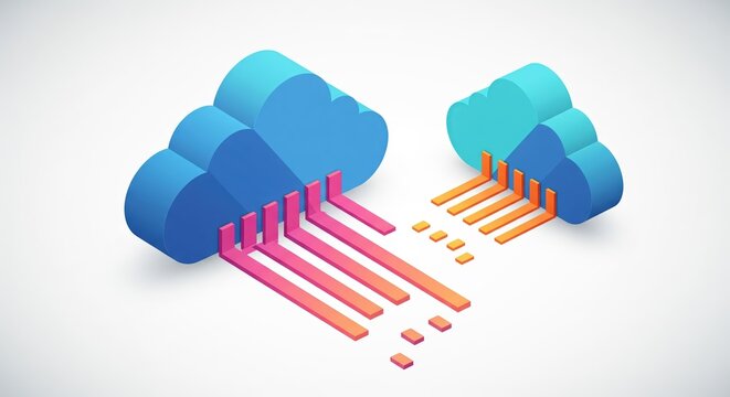 Flat vector illustration of cloud computing with geometric clouds, turquoise and blue tones, data flow in orange and pink stripes, isometric design with 3D accents