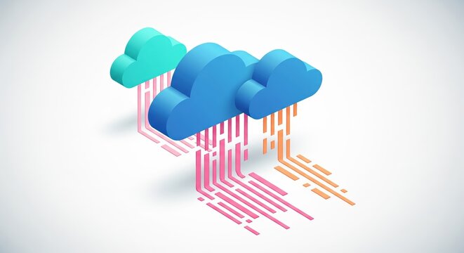 Flat vector illustration of cloud computing with geometric clouds, turquoise and blue tones, data flow in orange and pink stripes, isometric design with 3D accents