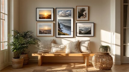 Image of digital photo frame syncing new pictures via internet with cloud album thumbnails visible and soft natural lighting creating a warm environment around modern decor