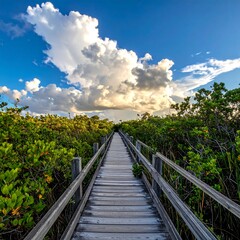 Wooden boardwalk through lush vegetation under a vibrant sky