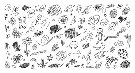 Playful hand-drawn doodles featuring whimsical doodles, scribbles, hearts, smiley faces, simple flowers, and a cute bunny for creative projects