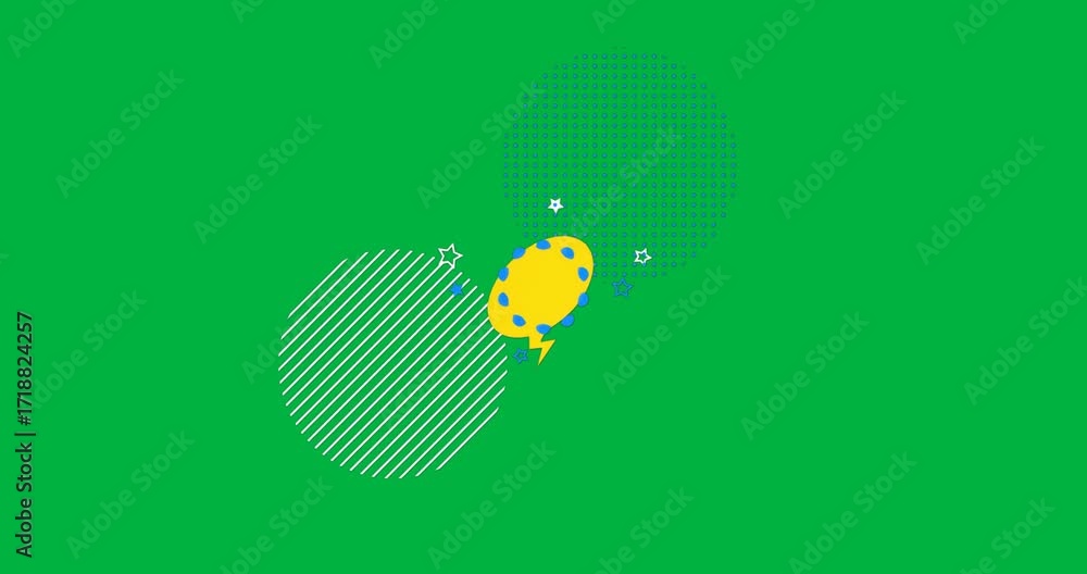 Poster designer placing striped circle and dotted circle on transparent background, adding speech bubble