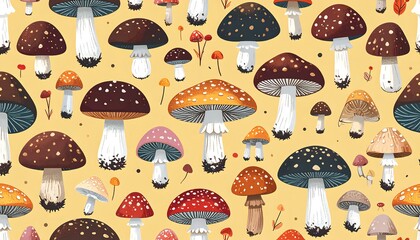 Colorful mushroom pattern on pale yellow background
