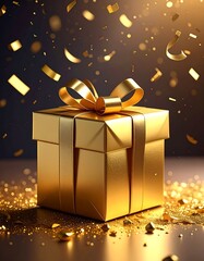 Golden gift box, confetti