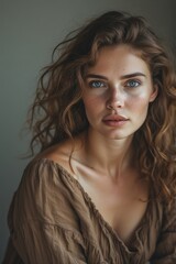 Fototapeta premium A woman with wavy brown hair and striking blue eyes gazes intently at the camera, wearing a soft, earth-toned blouse against a neutral backdrop.