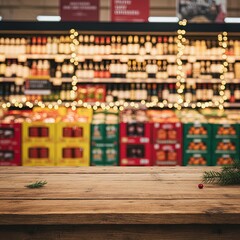 Christmas decorated supermarket interior with blurred shelves of wine bottles, gift packages, festive lights and wooden table in foreground creating holiday shopping atmosphere