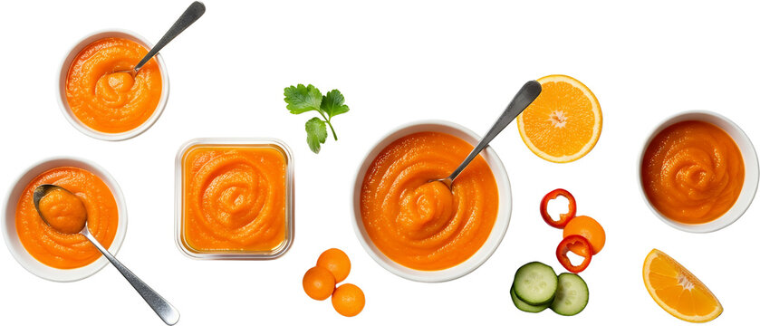 Bowls and container with orange puree spoon orange slices cucumber rounds bell pepper rings and parsley sprig isolate